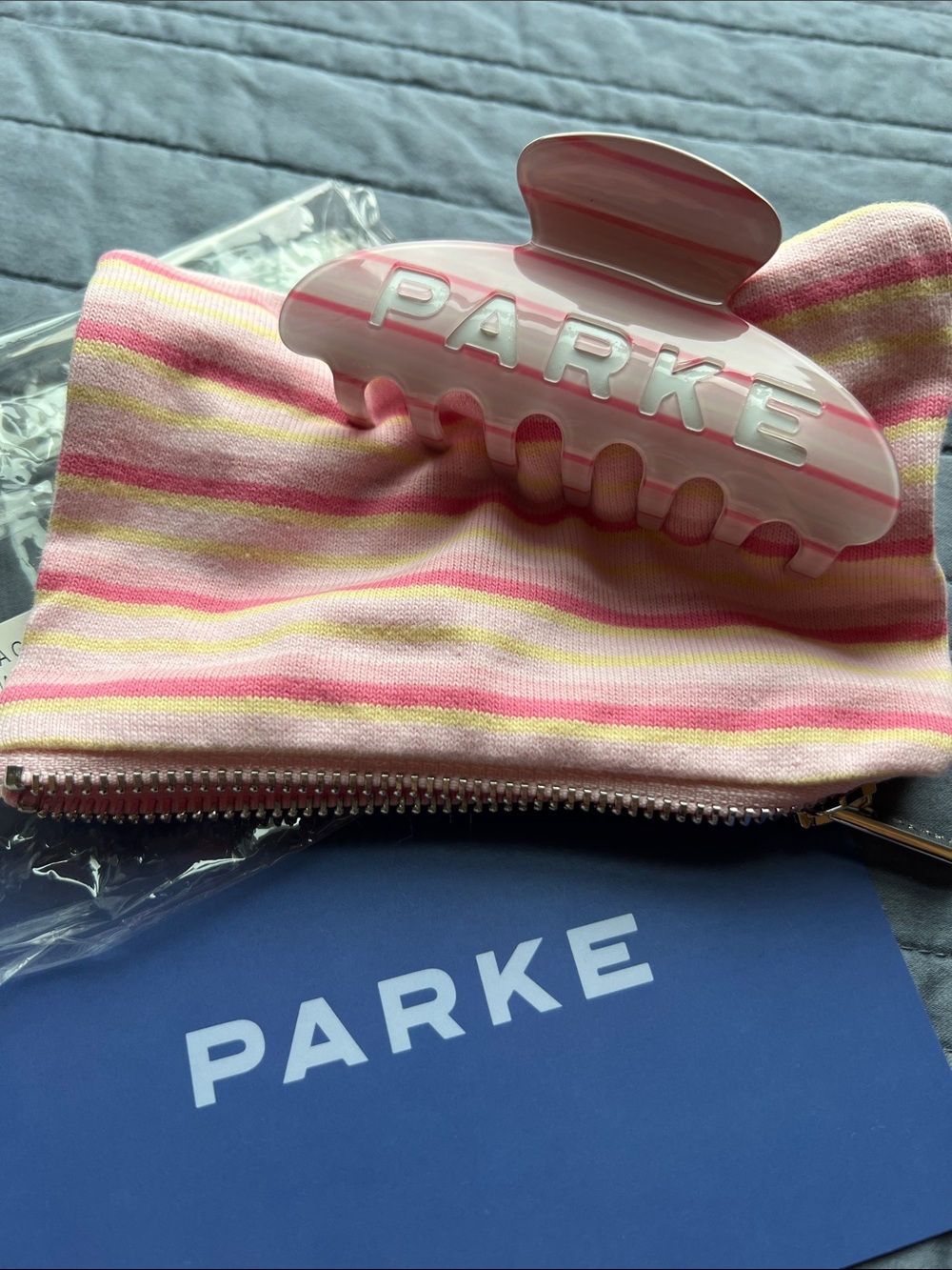 PARKE Pink It's A Girl Stripe Hair Claw Clip and Pouch w/ Zipper New In Bag NIB